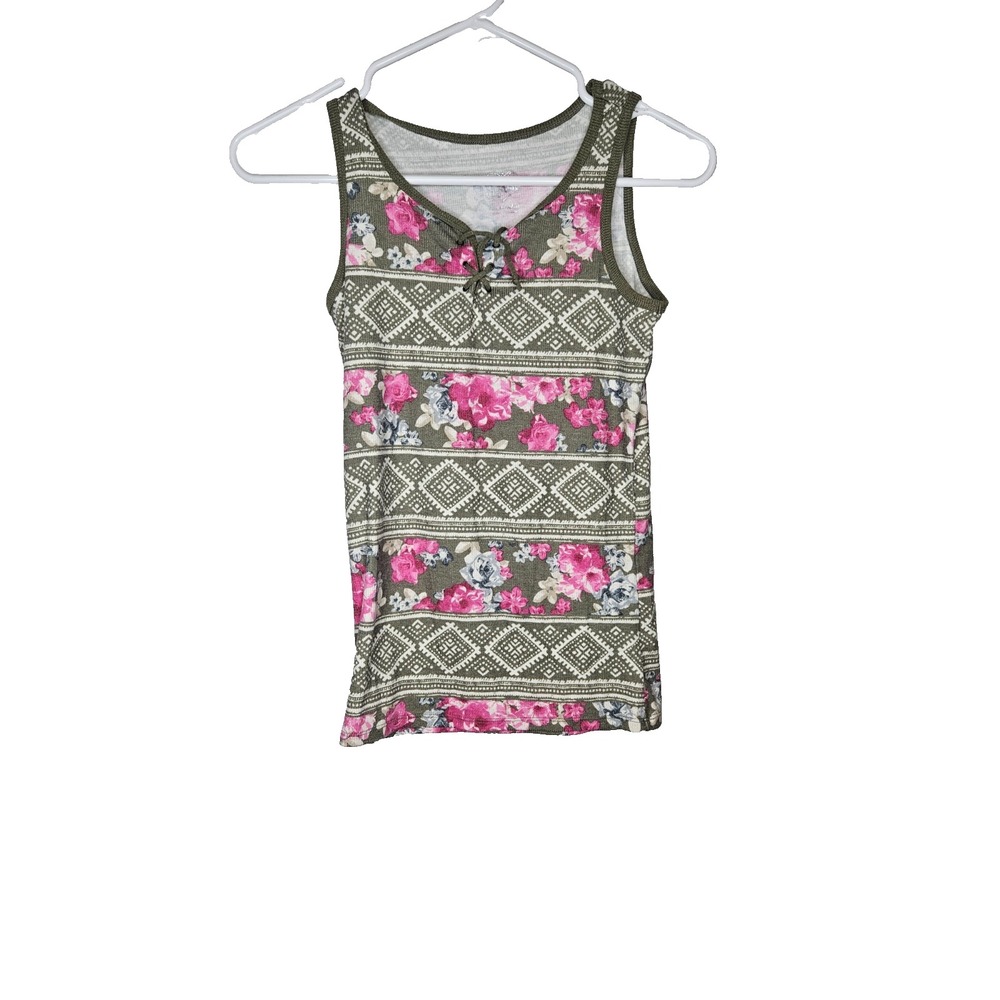 Jutice Girls Tank Top Size 12 Olive Floral Boho Stretch‎ Rib Knit Cottagecore